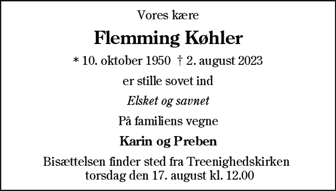 Dødsannonce for Flemming Køhler