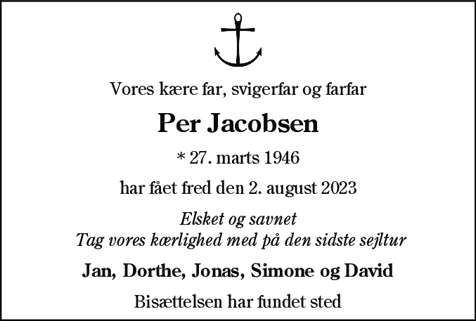 Dødsannonce for Per Jacobsen