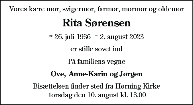 Dødsannonce for Rita Sørensen