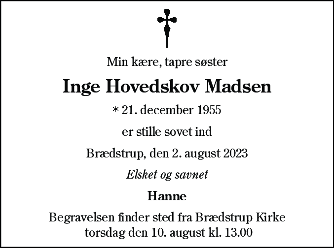 Dødsannonce for Inge Hovedskov Madsen