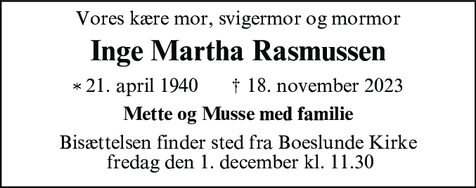 Dødsannonce for Inge Martha Rasmussen