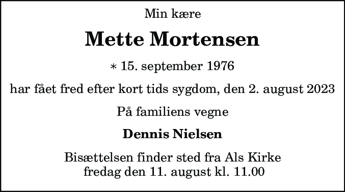Dødsannonce for Mette Mortensen