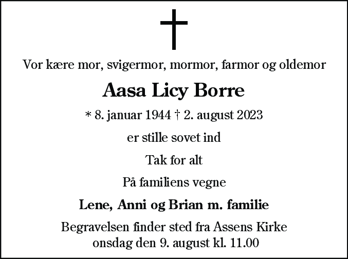 Dødsannonce for Aasa Licy Borre