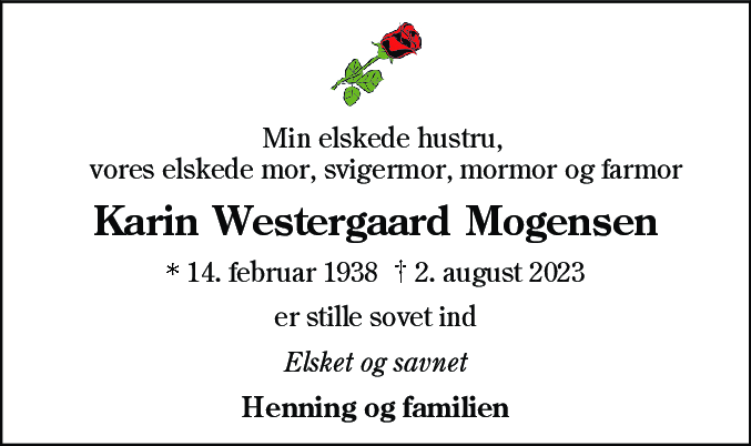 Dødsannonce for Karin Westergaard Mogensen