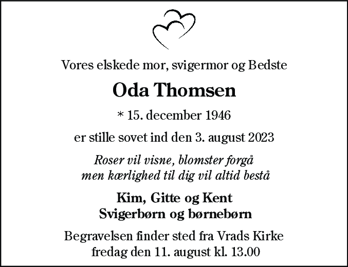 Dødsannonce for Oda Inger Elvira Thomsen
