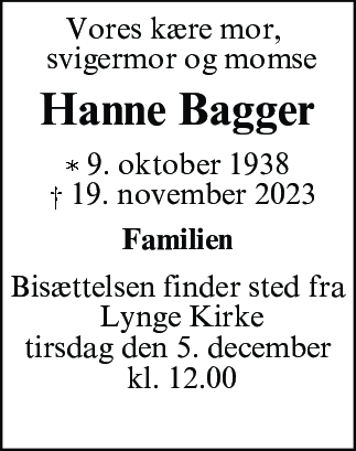 Dødsannonce for Hanne Bagger