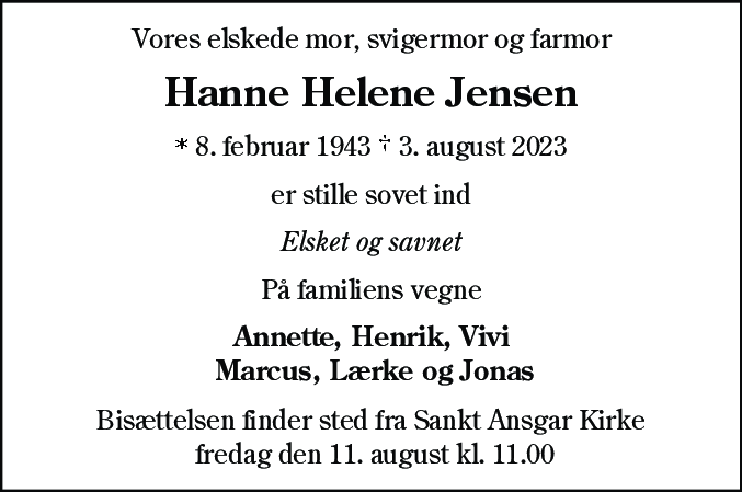 Dødsannonce for Hanne Helene Jensen