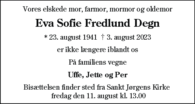 Dødsannonce for Eva Sofie Fredlund Degn