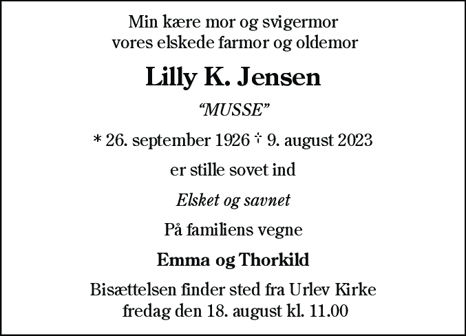 Dødsannonce for Lilly Kristine Jensen