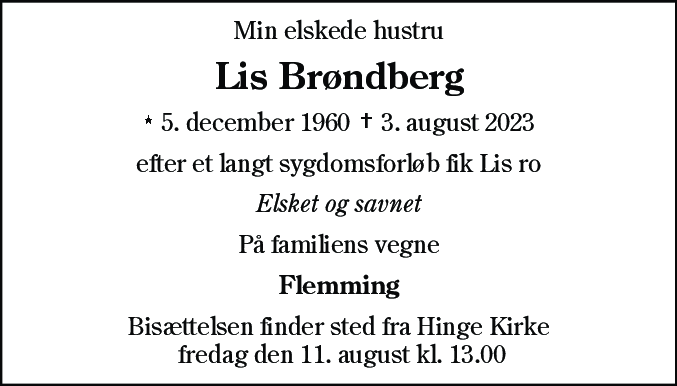 Dødsannonce for Lis Brøndberg