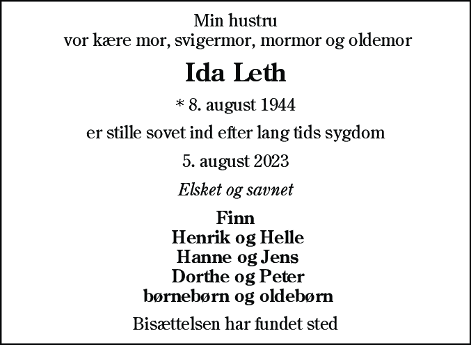 Dødsannonce for Ida Leth