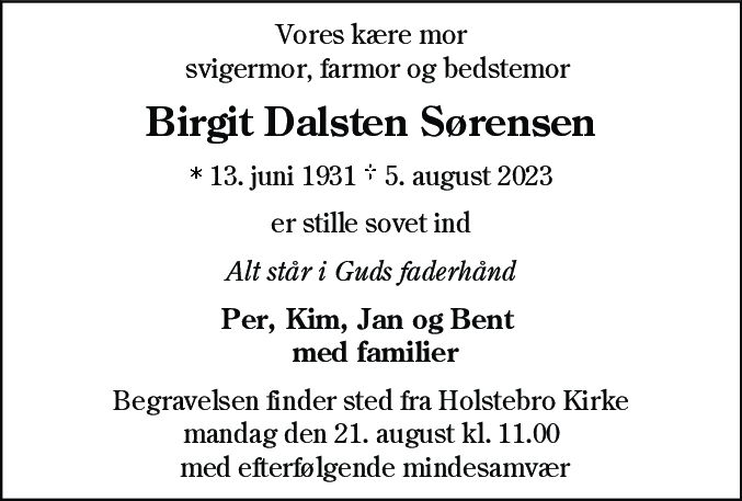 Dødsannonce for Birgit Dalsten Sørensen