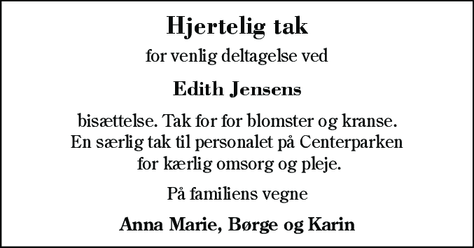 Dødsannonce for Edith Jensen