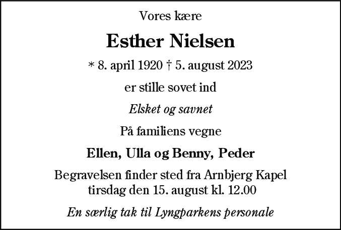 Dødsannonce for Esther Nielsen