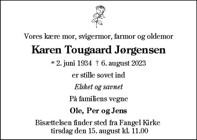 Dødsannonce for Karen Tougård Jørgensen