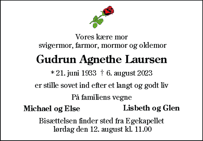 Dødsannonce for Gudrun Agnethe Laursen