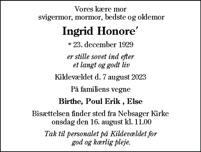 Dødsannonce for Ingrid Honore