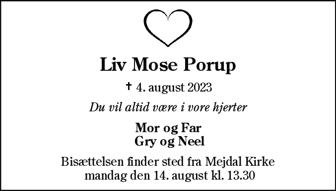 Dødsannonce for Liv Mose Porup