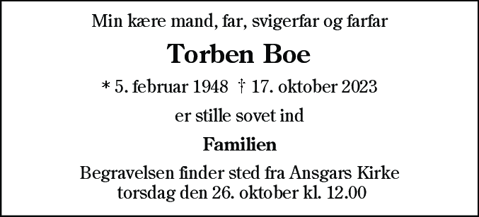 Dødsannonce for Torben Boe