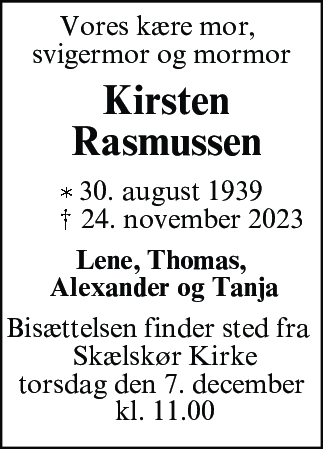 Dødsannonce for Kirsten Elin Rasmussen