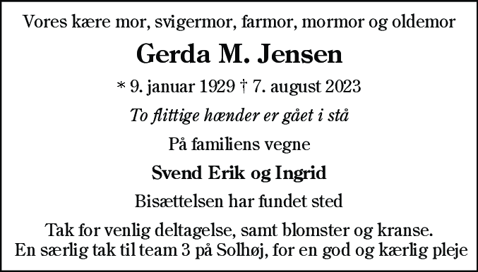 Dødsannonce for Gerda Marie Jensen