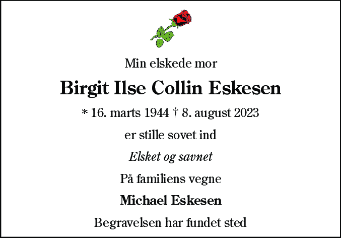 Dødsannonce for Birgit Ilse Collin Eskesen