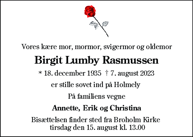 Dødsannonce for Birgit Lumby Rasmussen