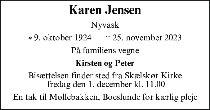Dødsannonce for Karen Margrethe Jensen