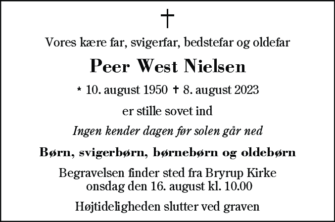 Dødsannonce for Peer West Nielsen