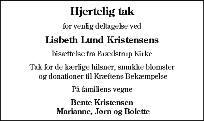 Dødsannonce for Lisbeth Lund Kristensen
