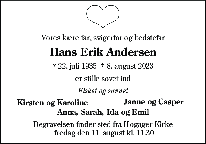 Dødsannonce for Hans Erik Andersen