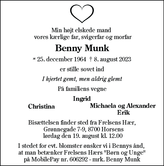 Dødsannonce for Benny Munk