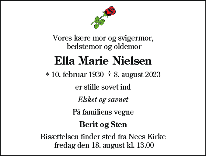 Dødsannonce for Ella Marie Nielsen