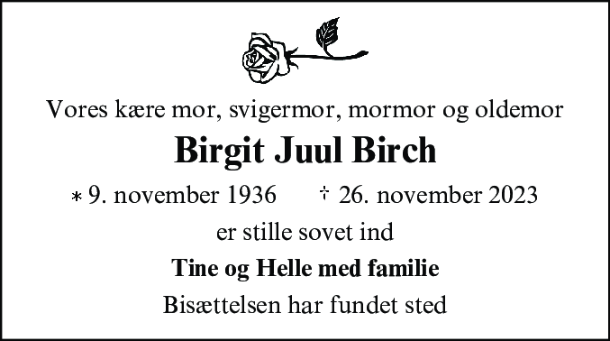 Dødsannonce for Birgit Juul Birch