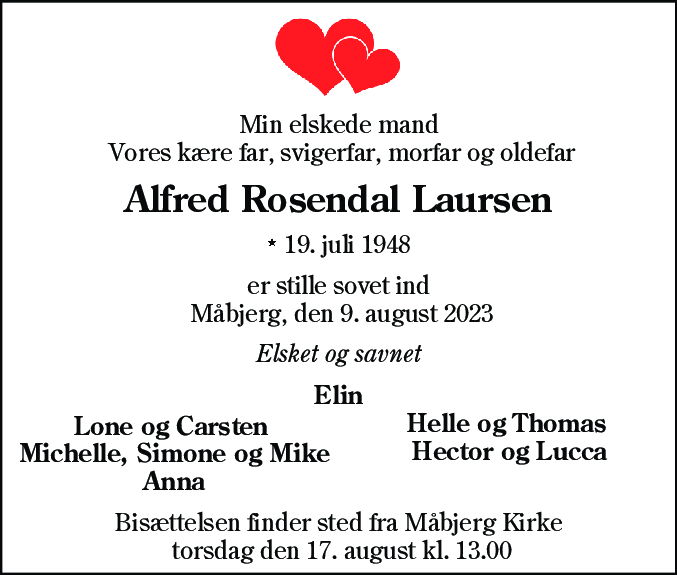 Dødsannonce for Alfred Rosendal Laursen