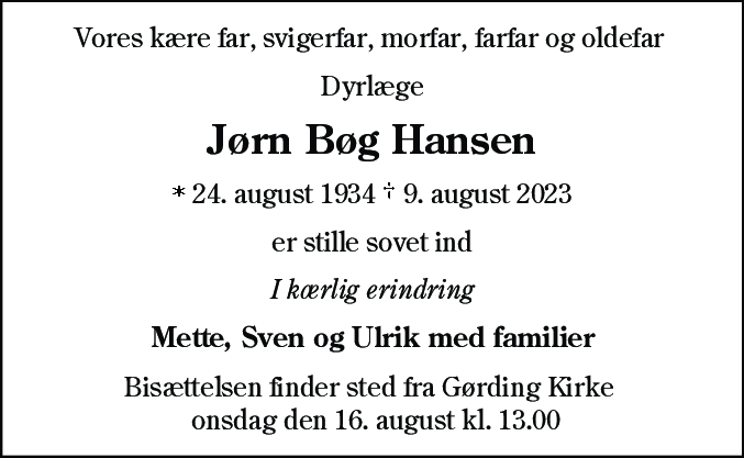 Dødsannonce for Jørn Bøg Hansen