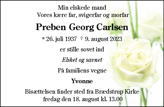 Dødsannonce for Preben Georg Carlsen