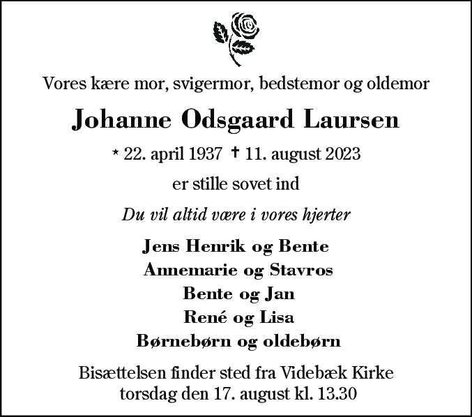 Dødsannonce for Johanne Odsgaard Laursen