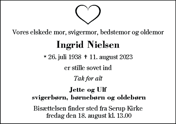 Dødsannonce for Ingrid Nielsen