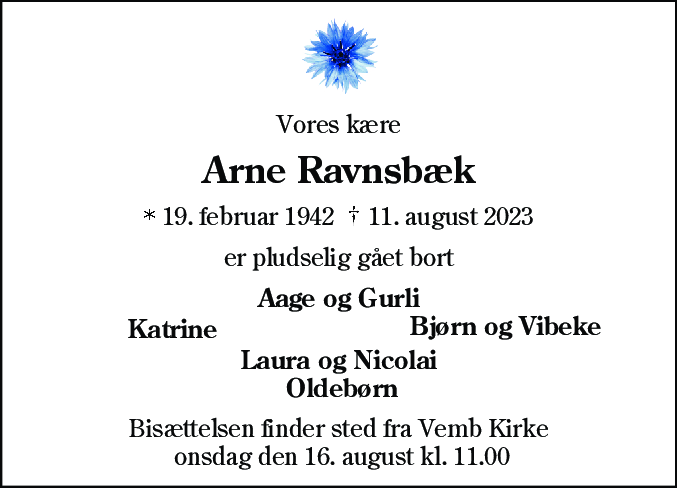 Dødsannonce for Arne Ravnsbæk