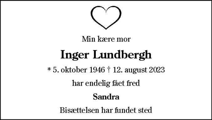 Dødsannonce for Inger Lundbergh