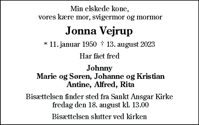 Dødsannonce for Jonna Vejrup