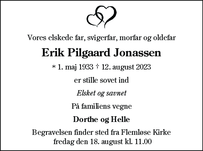 Dødsannonce for Erik Pilgaard Jonassen