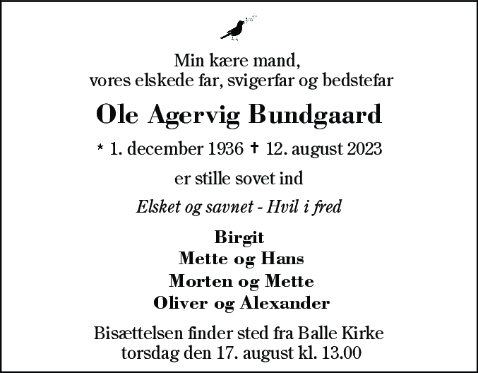 Dødsannonce for Ole Agervig Bundgaard