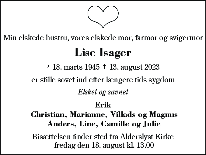 Dødsannonce for Lise Isager