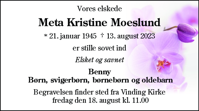 Dødsannonce for Meta Kristine Moeslund