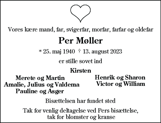 Dødsannonce for Per Bønnerup Møller
