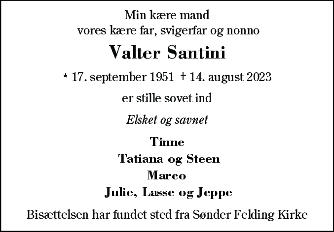 Dødsannonce for Valter Santini