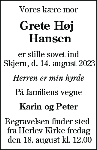 Dødsannonce for Grete Agnete Hansen