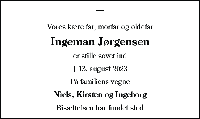 Dødsannonce for Ingeman Jørgensen